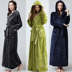 Extra Long Winter Coral Fleece Bathrobe Women Hooded Warm Kimono Bath Robe Cozy Kimono Shower Robes Loose Peignoirs Nightgown