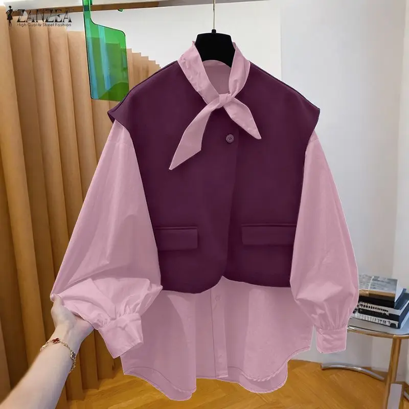 ZANZEA เสื้อแฟชั่นผู้หญิงผูกคอผ้าขนสัตว์งานเย็บปะติดปะต่อกันเสื้อแขนยาวสตรีทแวร์ฤดูใบไม้ผลิฤดูร้อนเสื้อผ้าผู้หญิง