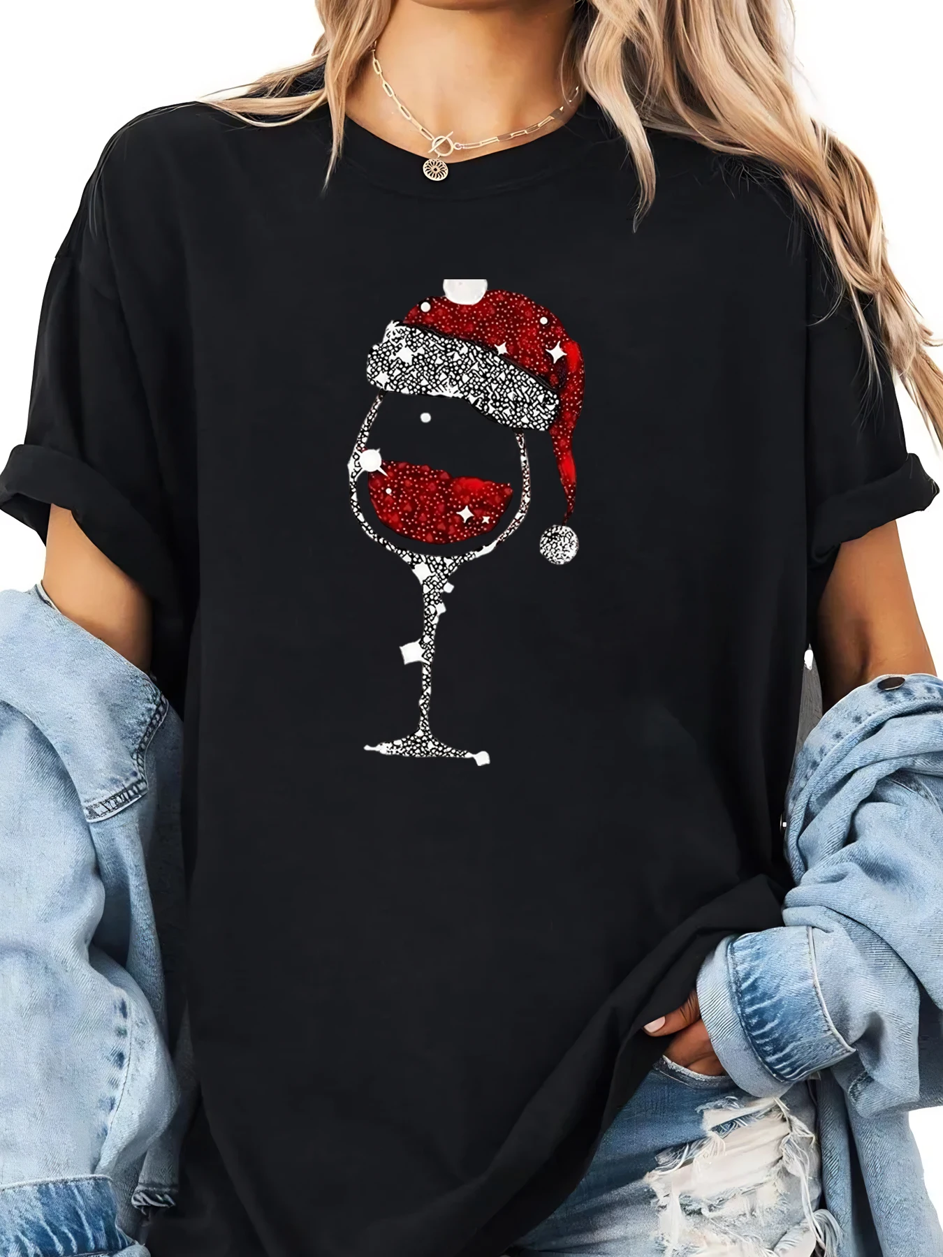 Bicchiere da vino con cappello da Babbo Natale T-shirt natalizia con stampa di paillettes Donna Casual Holiday Party Wear Nero Taglie forti