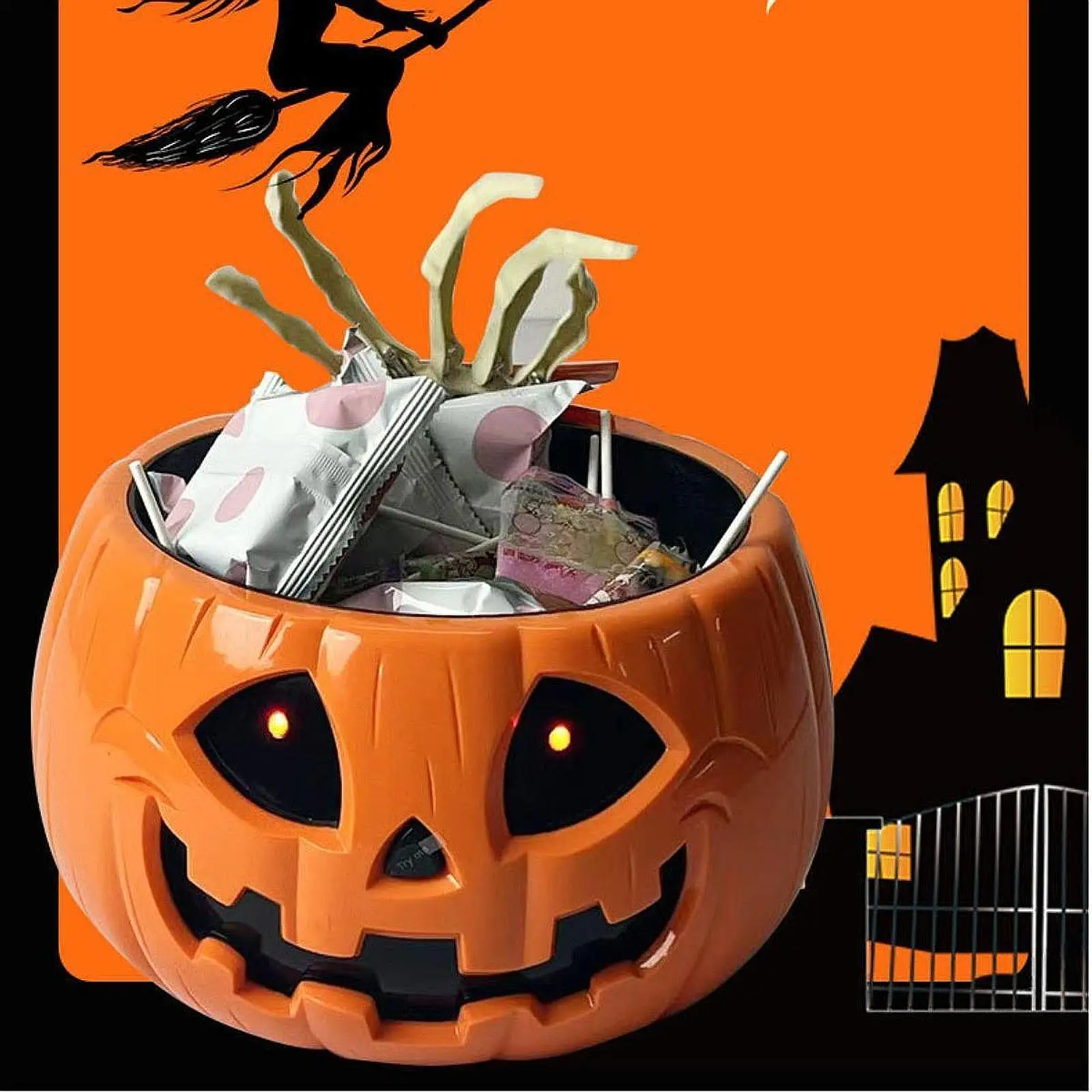 

Halloween Pumpkin Candy Bowl Props Scary Halloween Electric Toy for Garden Home Halloween Decorations Holiday Treaters Party