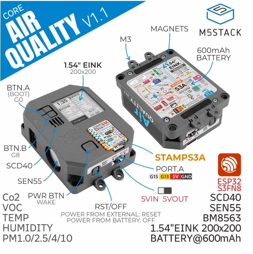 Air Quality Monitor v1.1 with SEN55 & SCD40, PM1.0-10/VOC/CO2/Temp/Humi, E-Ink Display, Wi-Fi, 600mAh Battery for Indoor IoT