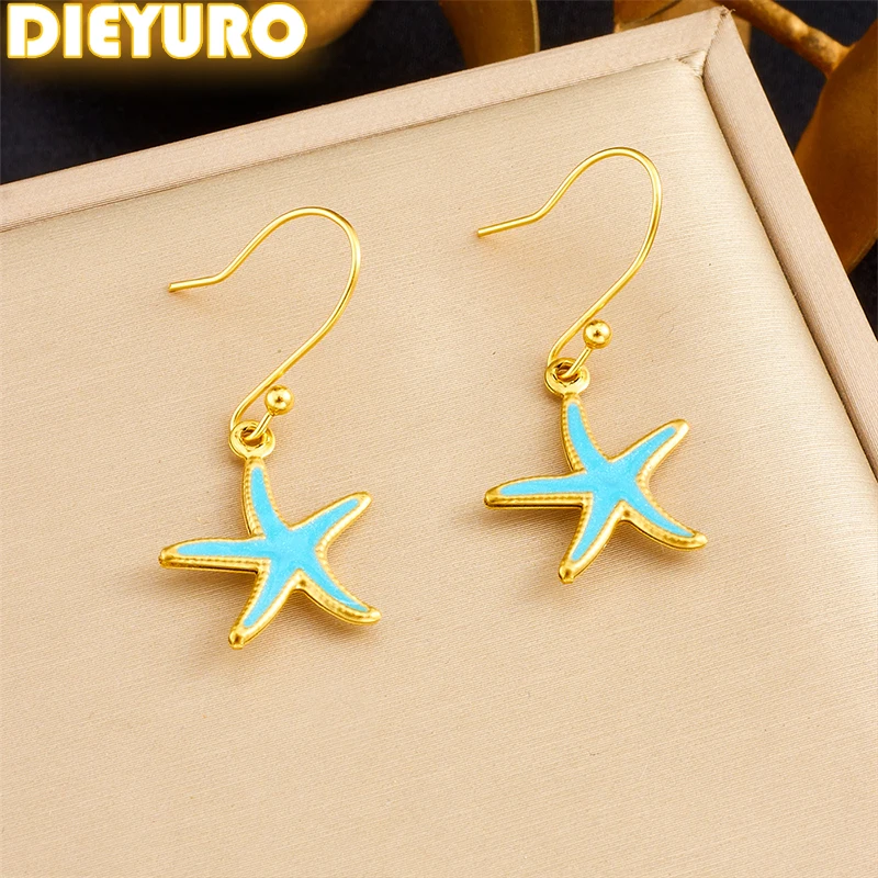 DIEYURO 316L Stainless Steel Blue Oil Drip Starfish Pendant Earrings Lady New Trend Ear Studs Waterproof Jewelry Party Gift ﻿
