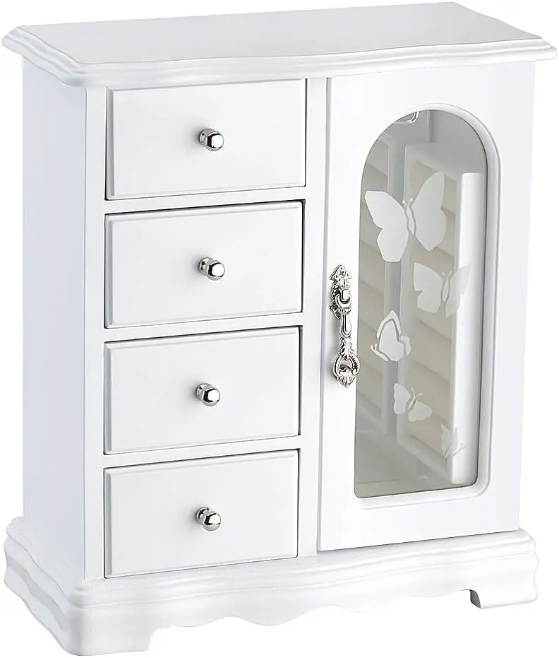 

Solid Wood Jewelry Box with 4 Drawers, Necklace Carousel, and Large Mirror - White Organizer for Storage