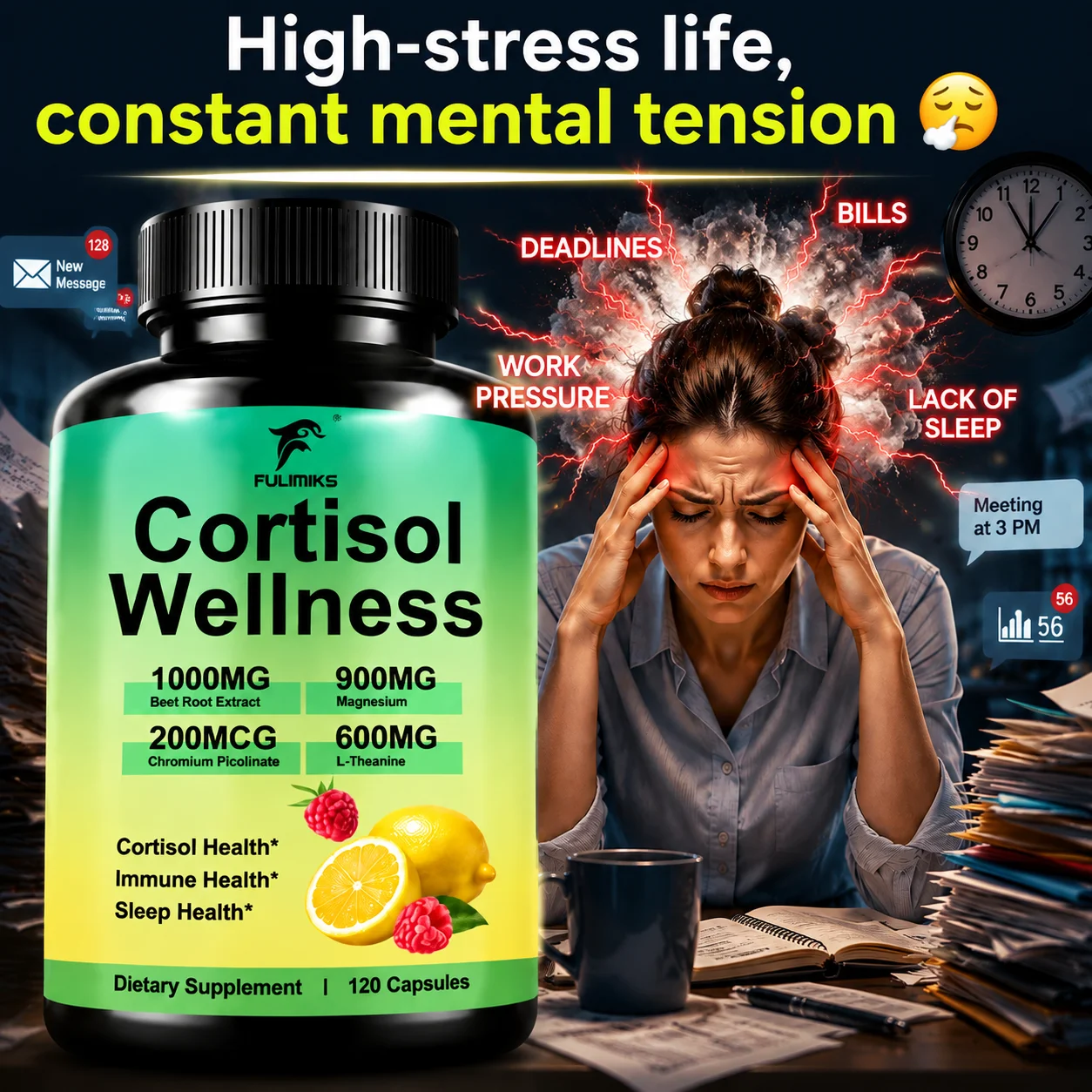 Cortisol Wellness Capsules, Adrenal Support Formula, Promotes Emotional Balance, Stress Relief, Relaxation, Restful Sleep