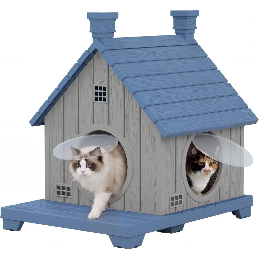 Outdoor Cat House Weatherproof, Durable Resin Cat Houses for Outdoor Indoor Cats, Litter Box Enclosure with Elevated Base, Cat Bed with Anti-Slip Pad, Ventilation,