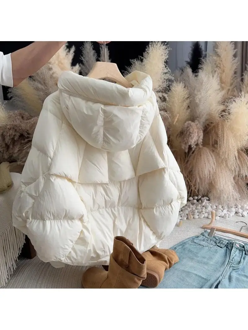 

Warm Beige Short Cotton Jacket Coat for Women with Hood 2025 Winter New Arrival Bread Style Clothing Commute Style Pure Color