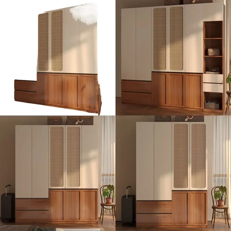 for Medieval Style Segmented Solid Wood Rattan Wardrobe One Door to Top Free Handle Modern Simple European Pine Board