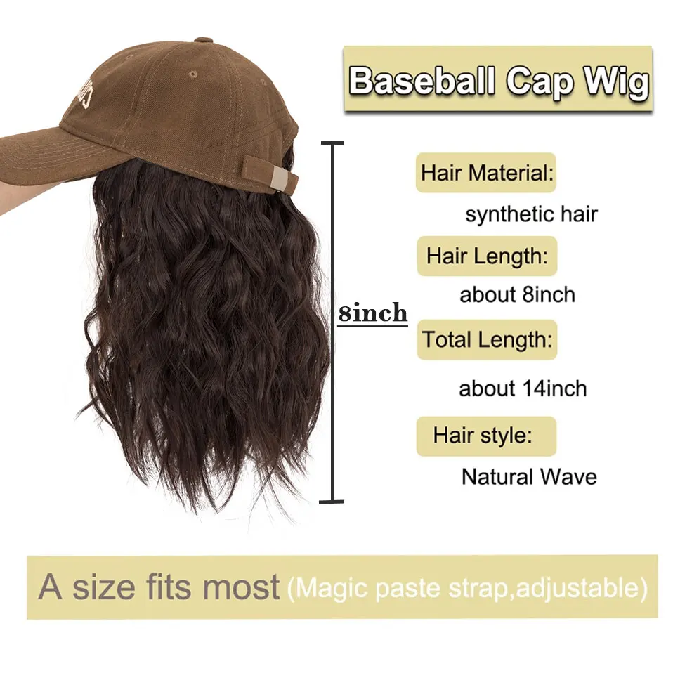 Benehair Synthetic Wig Hat with Wave Hair Extensions for Woman Baseball Cap Wig Short Curly Wavy Hairstyle Adjustable Daily Use