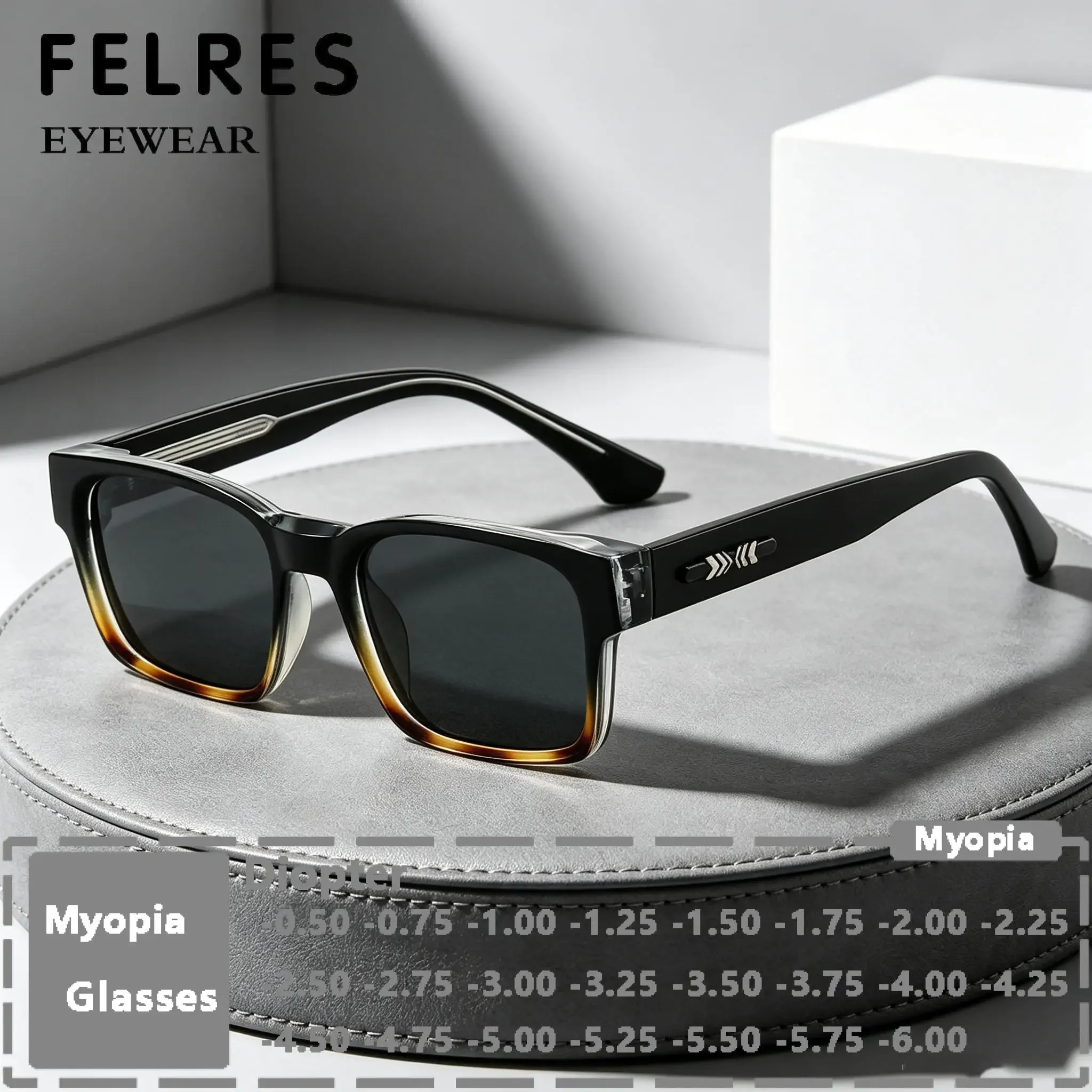Quadratische, schwarz lackierte Myopie-Brille für Herren und Damen, modische Kurzsichtbrille mit negativer Dioptrienzahl, getönte Gläser mit Sehstärke