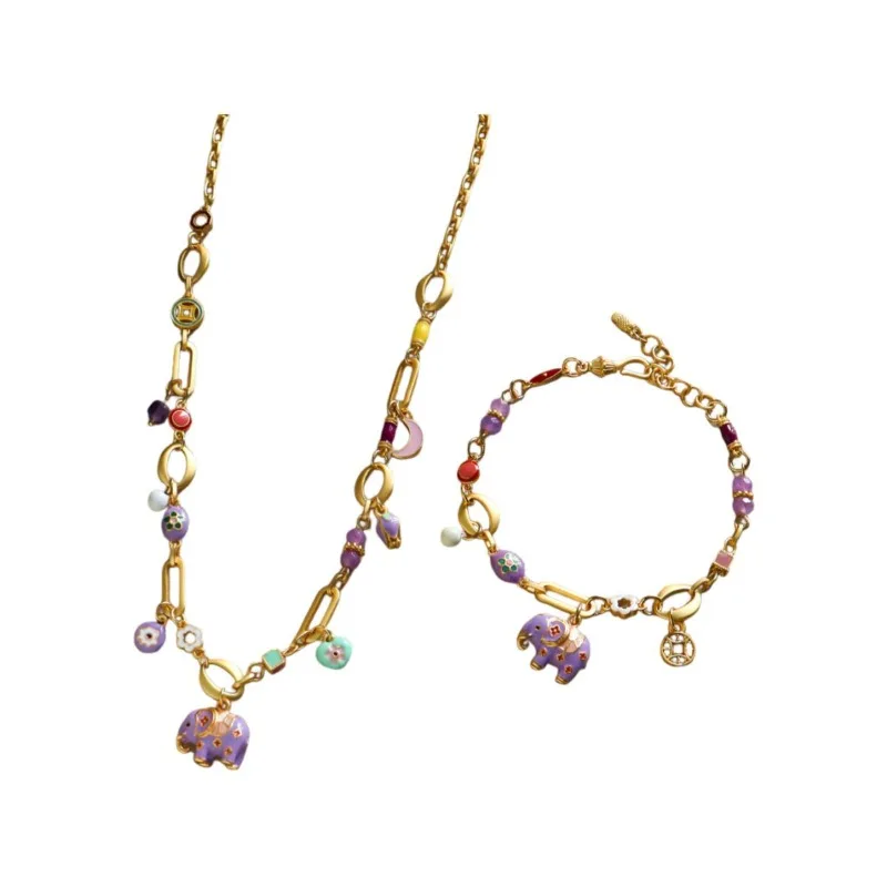 Original Dripping Enamel Floral Elephant Amethyst Pendant Adjustable Choker for Women Luxury Minimalist Sophisticated Jewelry