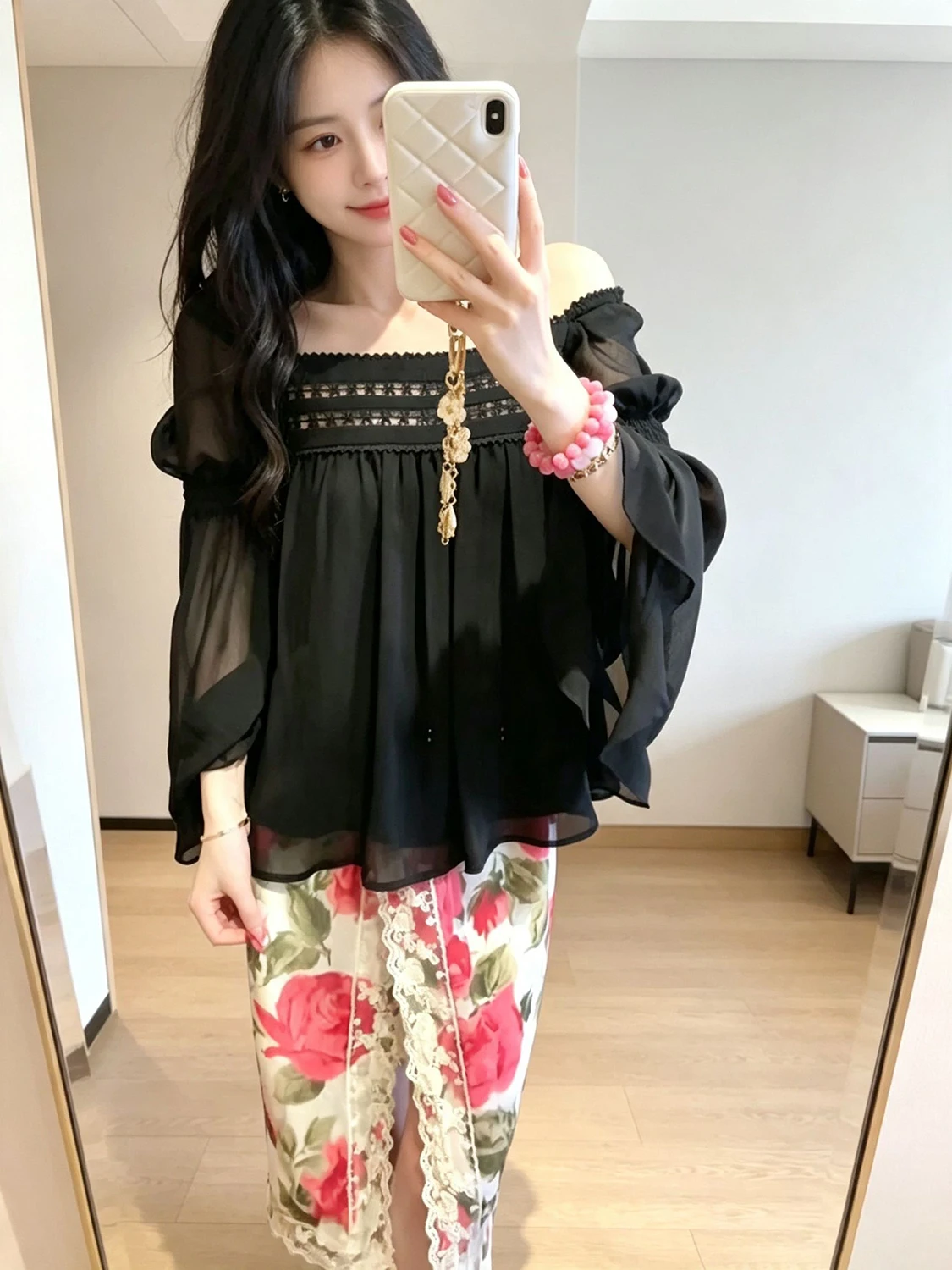 Elegant Pure Color Black Lace Square Collar Long Sleeve Bell Sleeve Women's Fashion Top Trendy Commute Style Korean Loose Fit 2