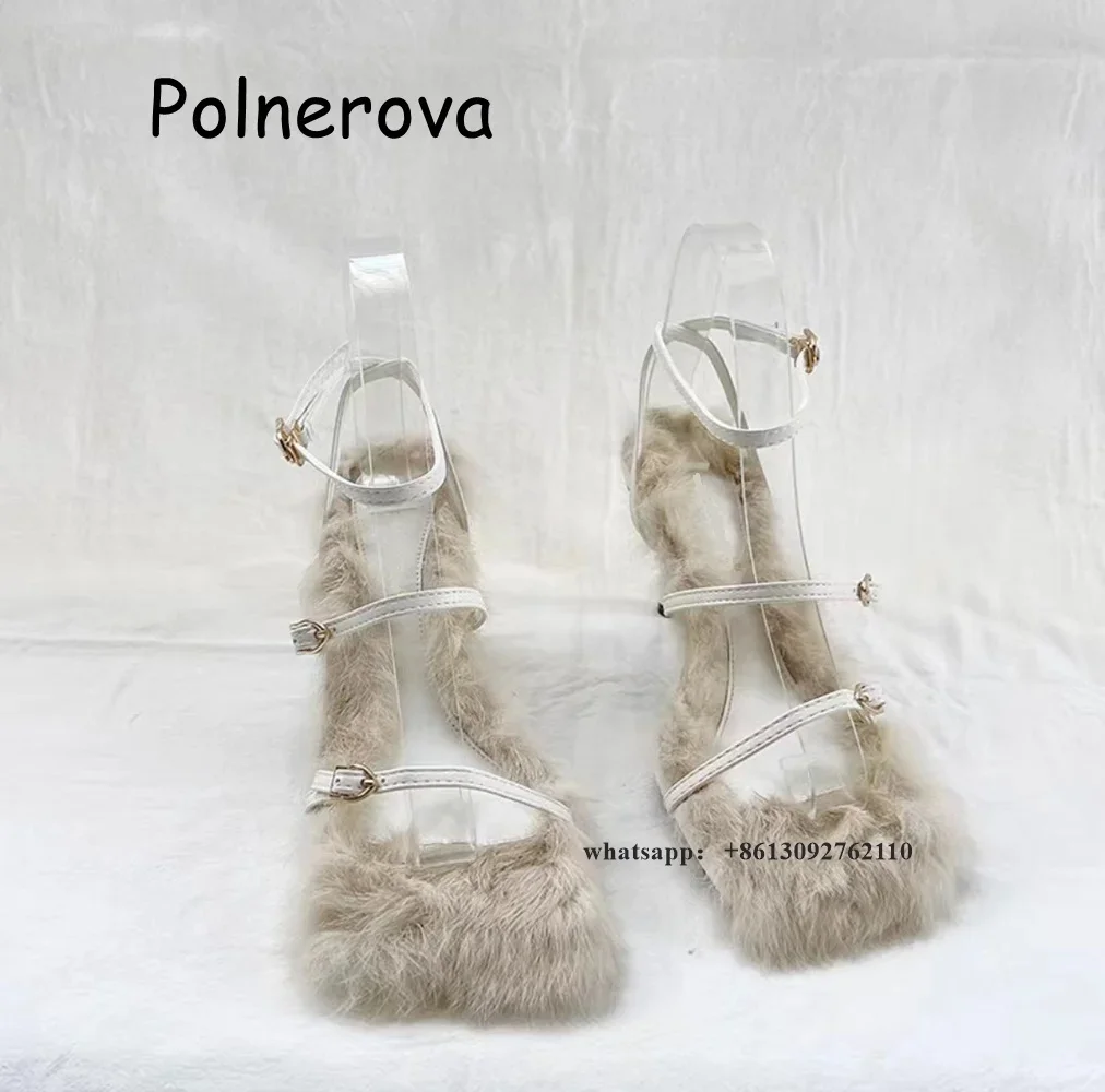 Fur Square Toe Sandals One Word Belt Thin Heels Women\'s Shoes Global Buckle Front Rear Strap Summer Casual Elegant Sweet Shoes