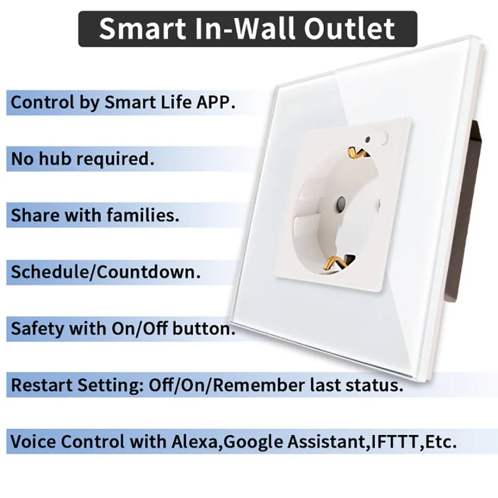 Bingoelec EU Standard Smart Life Germany WiFi Wall Socket Work For Alexa Google Home White Crystal Glass  16A Power Smart Socket