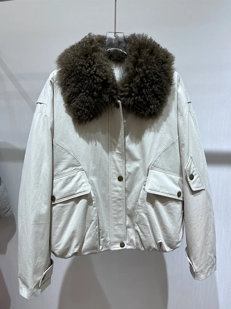 2025 Herfst Winter Ganzendons Jas Natuurlijke Schapen Lam Bontkraag Dikke vrouwen Warme Denim Jas Luxe Uitloper Vrouwelijke jassen