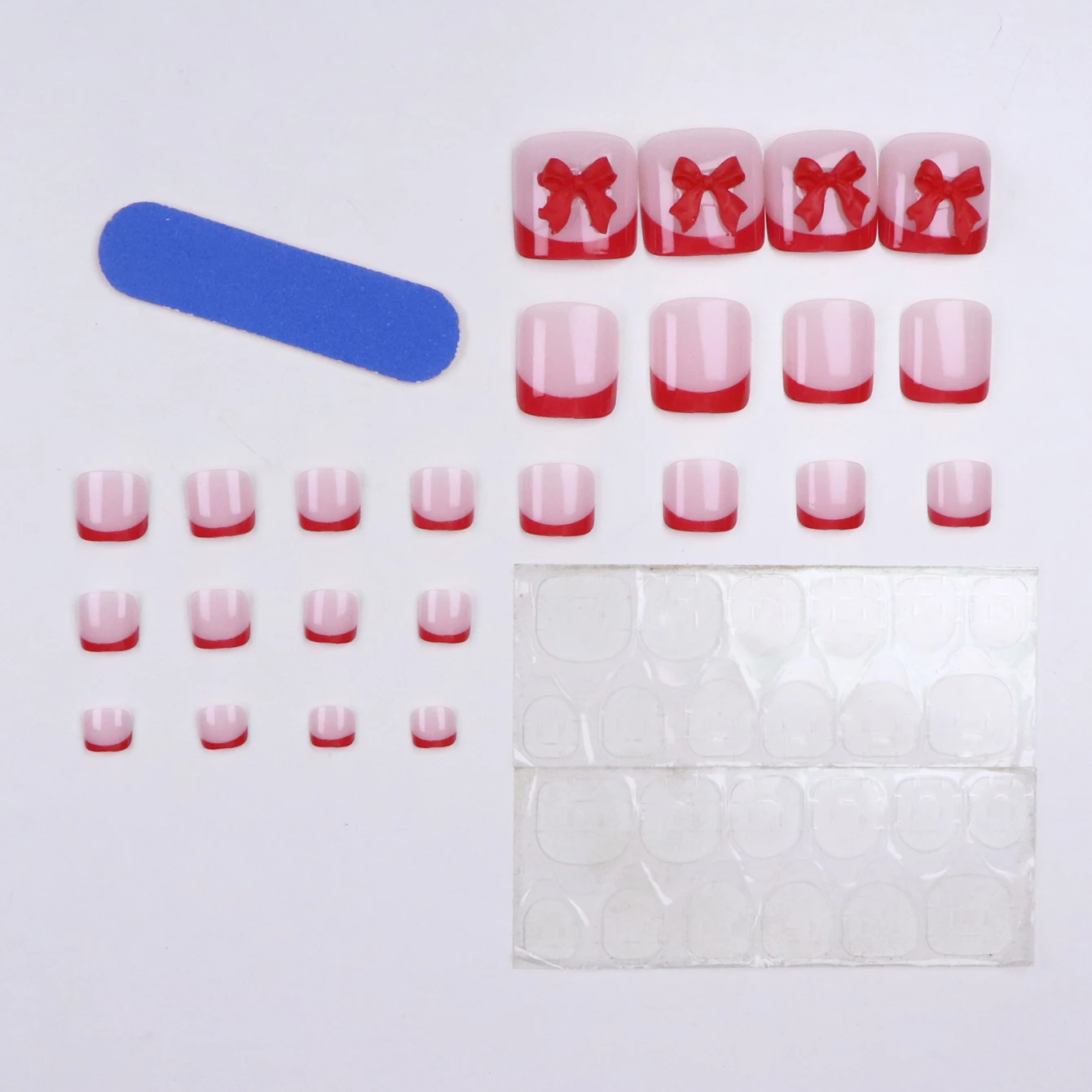 24개 레드 엣지 보우 디자인 네일 팁 세트, 1개 네일 파일 & 1개 네일 글루 스티커 키트 포함, 당신의 룩을 업그레이드하세요