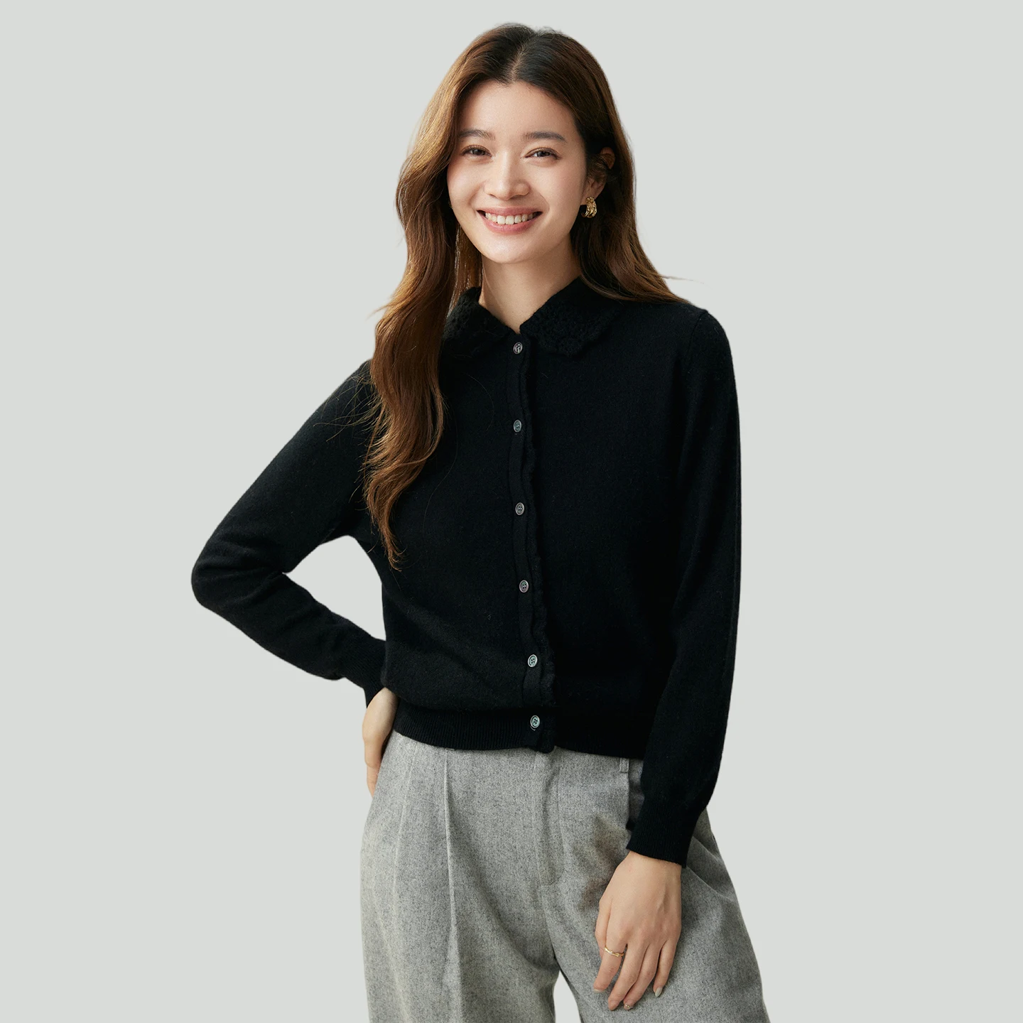 Women Peter‑Pan‑Collar Cardigan Hand‑Embroidered Long‑Sleeve Knit 100% Cashmere Knitwear Elegant Solid‑color Autumn Winter Tops