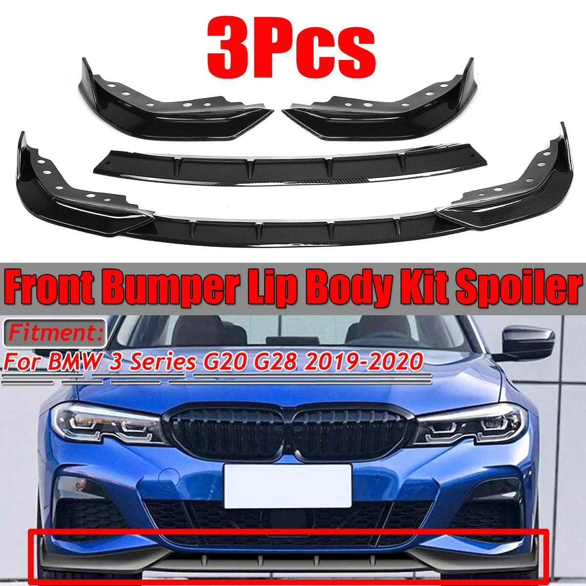 3PCS Carbon Fiber Look/ Black Car Front Bumper Splitter Lip Spoiler Cover Diffuser Body Kit For BMW 3 Series G20 G28 2019 2020
