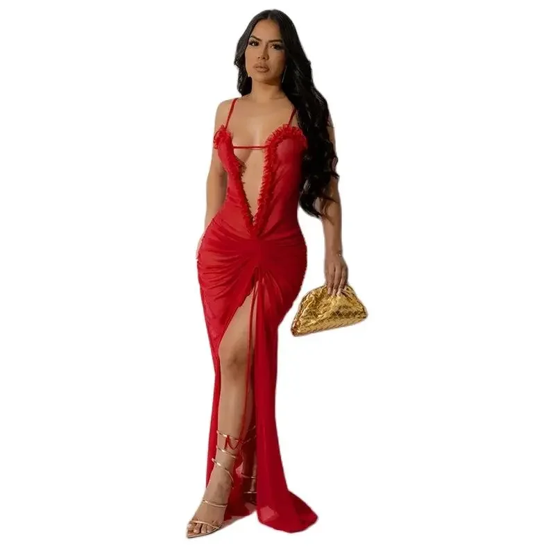 

Fashion Sexy Deep V Neck Suspenders Dresses Women Wrap Bust Drawstring Pleated Split Hem Dress Female Party Floor-length Gown 24