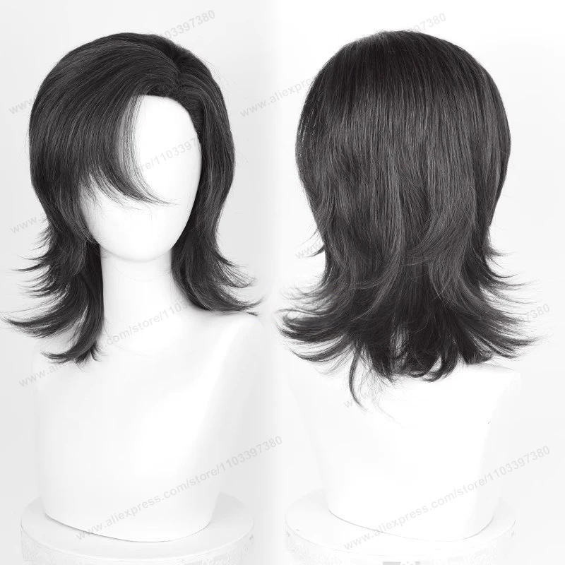 Peluca de pelo sintético de base media de 44cm para Cosplay, pelo negro, blanco, rojo, plateado, rosa, azul, pelos resis