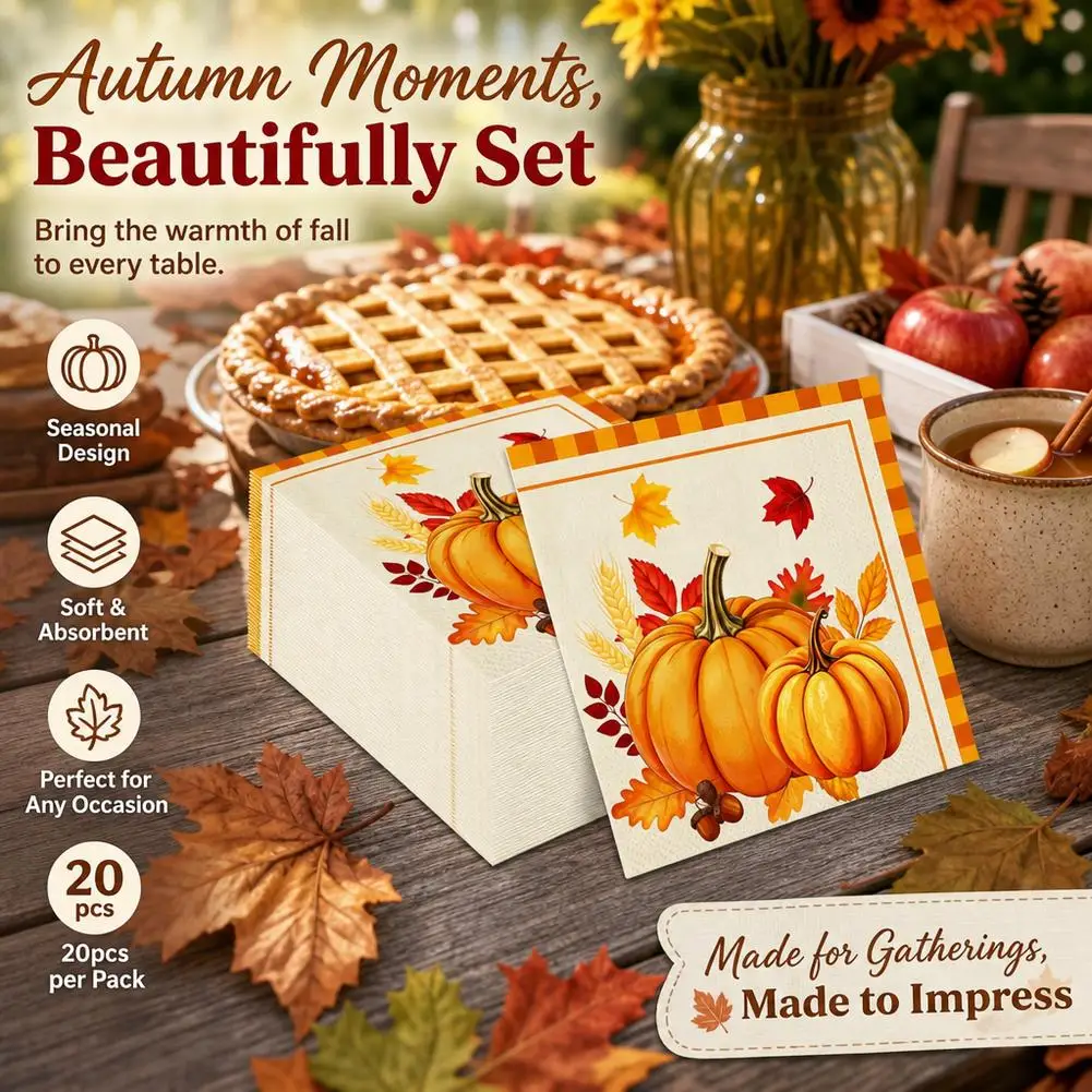 20Pcs Thanksgiving Paper Napkins Pumpkin Maple Leaves Autumn Fall Harvest 2 Ply Disposable Tableware Dinner Party Decor