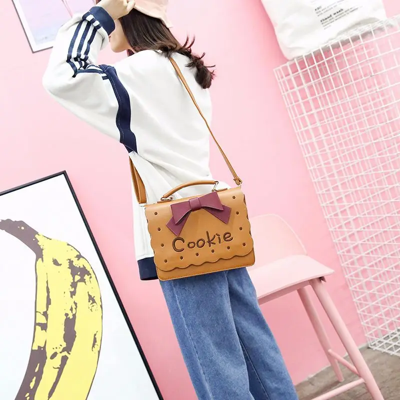 Creative Funny Girl Satchel Embroidery Cookie Shoulder Bag Girl PU Cartoon Bow Crossbody Bag Ladies Fashion Handbag IB083