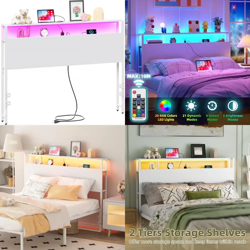 

Double-Tier Storage Headboard with Charging Station, USB Ports, LED Light for Enhanced Bedroom Organization