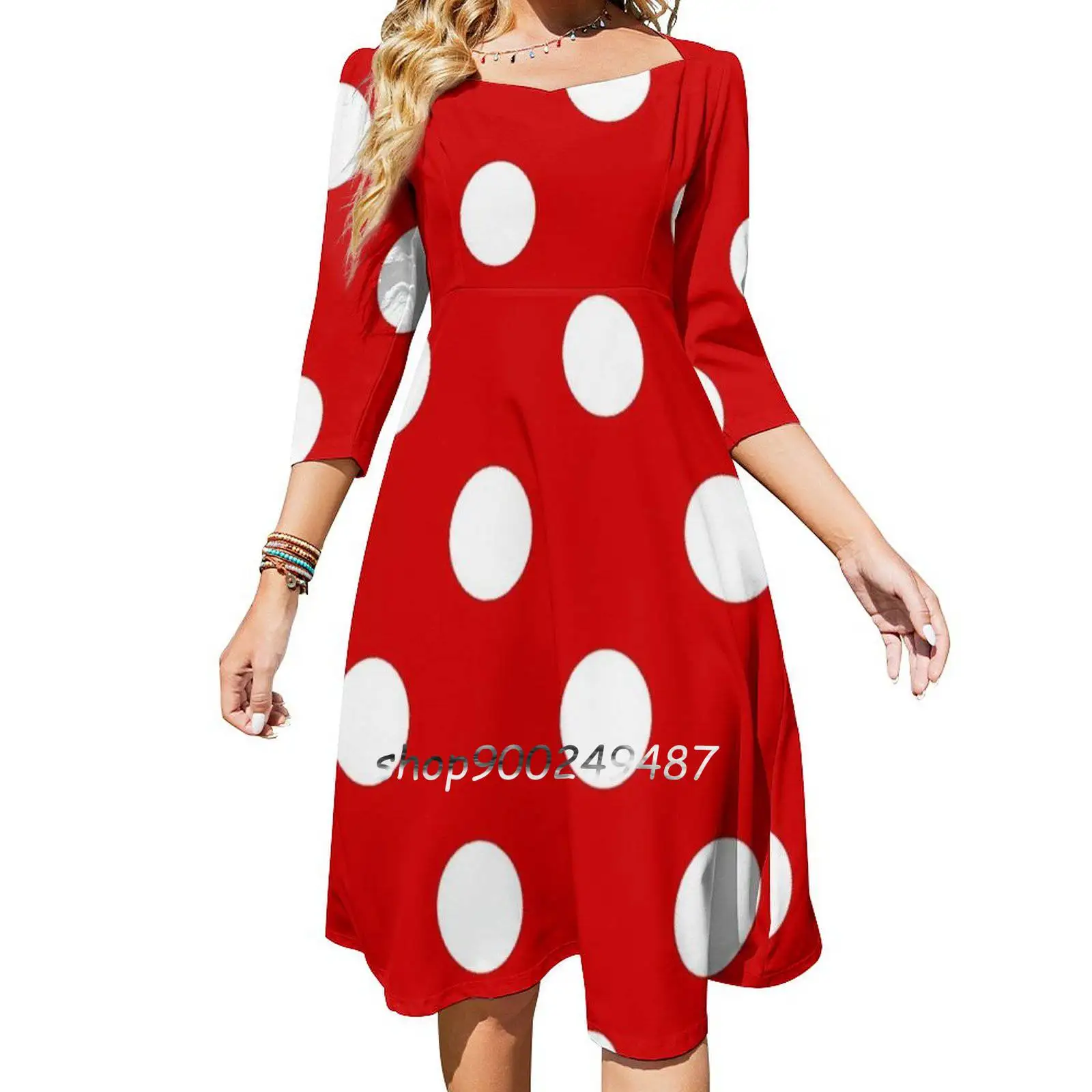 

Red And White Polka Dots | Halloween Outfit Sweet Elegant Dress Women Korean Kawaii Square Collar Dress Pattern Background