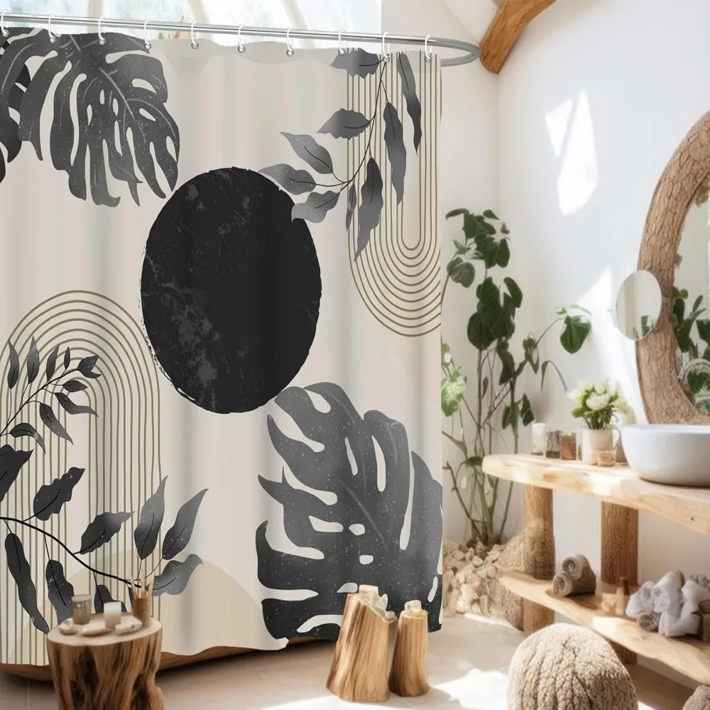 

Богемная занавеска для душа с растениями, черные листья, комплект занавесок для душа середины века для ванной комнаты, современная абстрактная минималистичная ткань в стиле бохо
