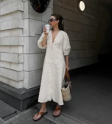 Cotton dress with wide neckline on the lower back, beige V neck with beige neckline on the belt