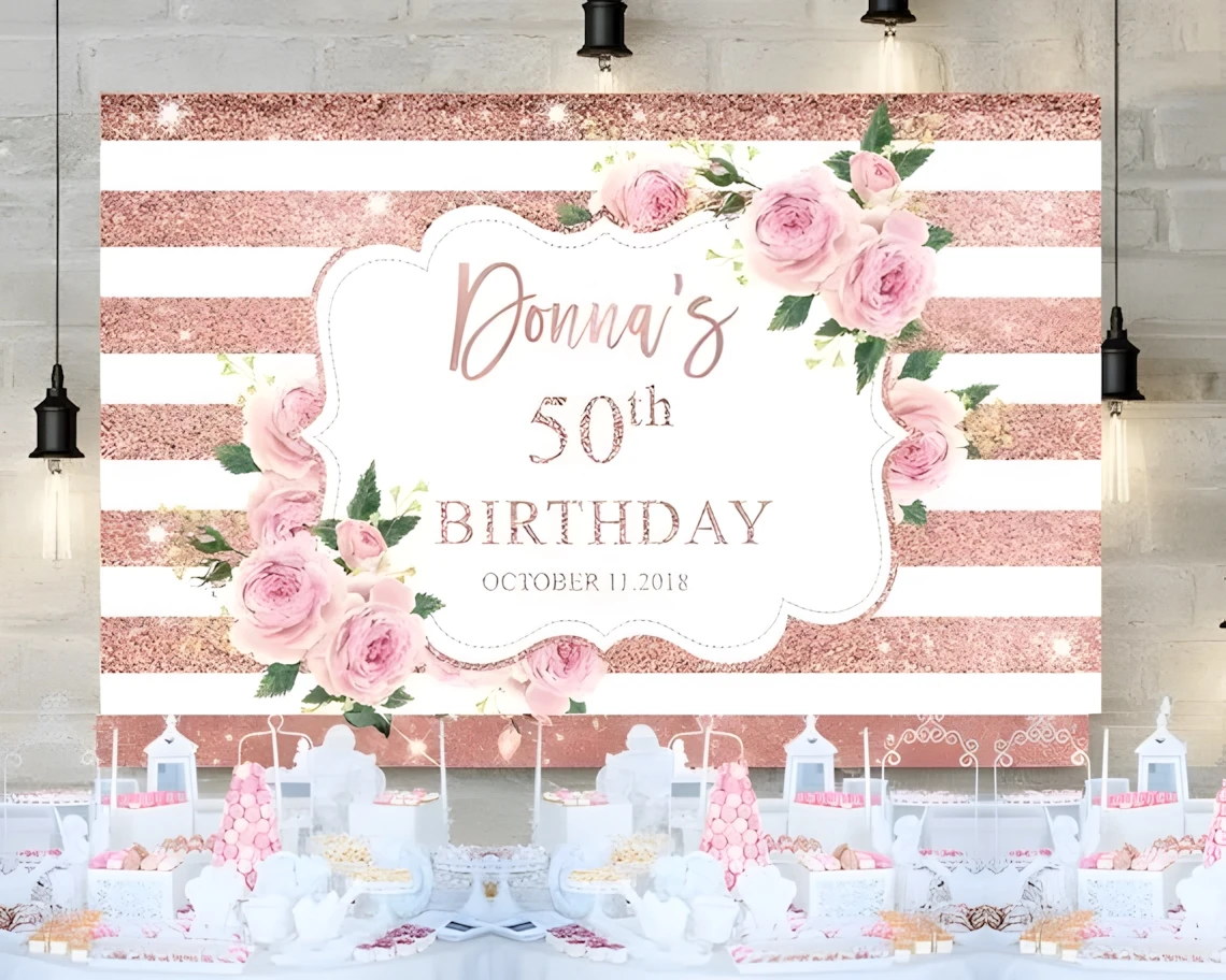 

Custom Rose Gold And Blush Pink Flower Striped Glitter 50th 60th Birthday backdrops party Photography Studio Backgrounds