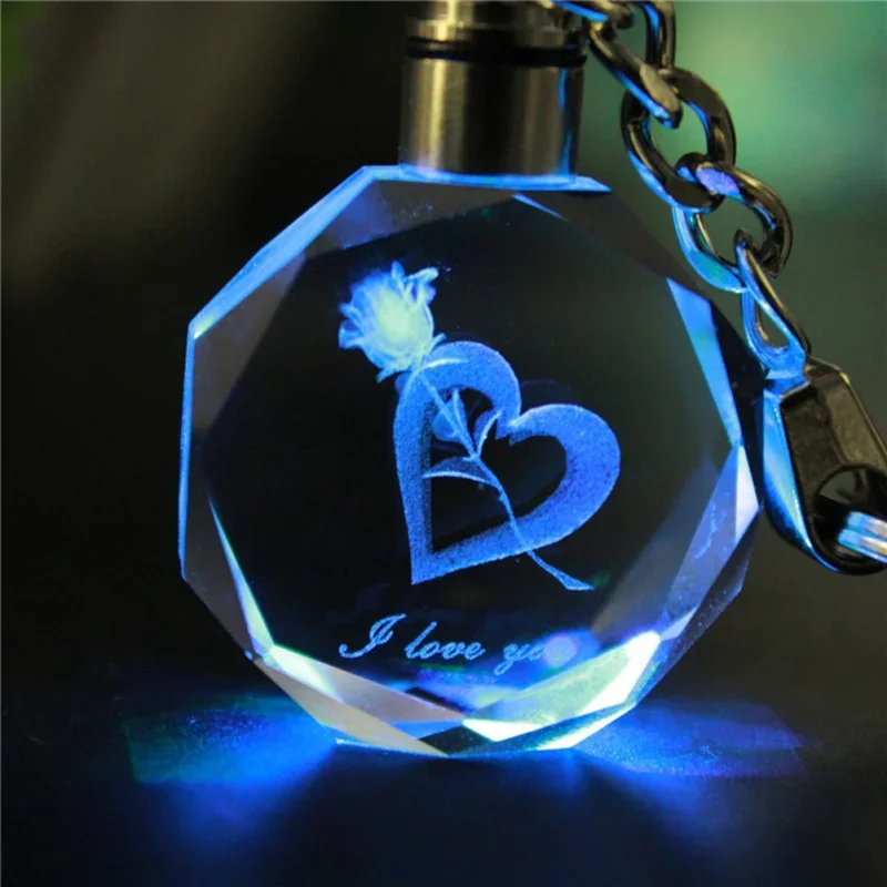 Keychain Glows for Valentine\'s Day 3D Crystal Engraving Couple Small Pendant Crystal Couple Key Chain For Women Girlfriend