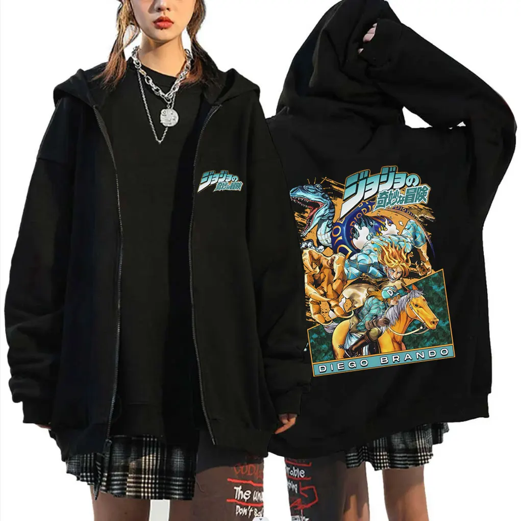 

Anime JoJo's Bizarre Adventure STEEL BALL RUN Diego Brando Graphic Zipper Hoodie Men Women Casual Oversized Zip Up Sweatshirt