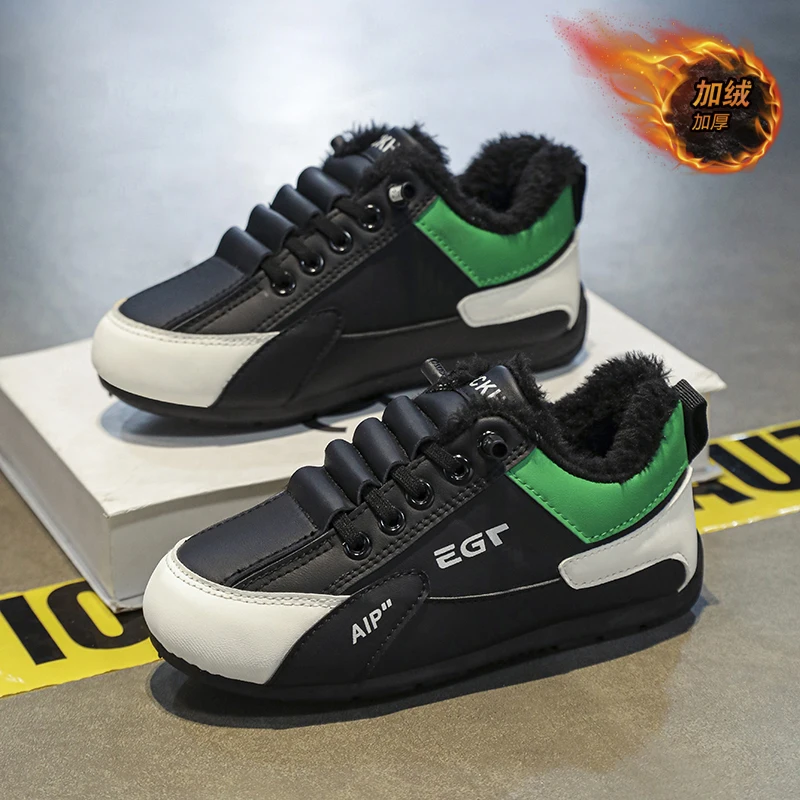 

Winter Children's Casual Shoes Breathable Leather Sports Shoes Plush Warm Kid's Flat Shoes Boys Girls Non-slip Fashion Sneakers
