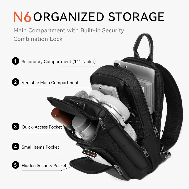 ReeYee N6 6L Sling Chest Bag, Combination Lock Security Crossbody Pack, Unique Design with Smart Organization Compartments