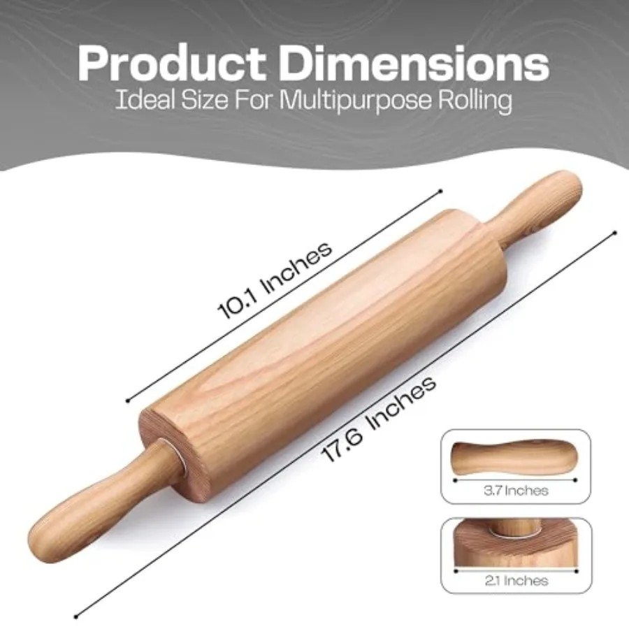 17.6 Inch with Rotating Ergonomic Handles Classic Beech Wood Dough Roller for Baking Pizza, Pastry, Bread, and Cookies