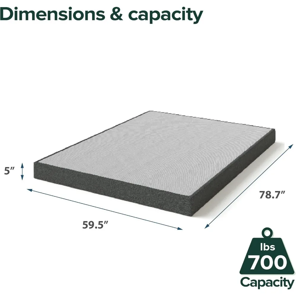 ZINUS Ressort de boîte intelligente WonderBox(TM) de 5 pouces, fond de teint à assemblage rapide, cadre en métal durable, Queen, gris