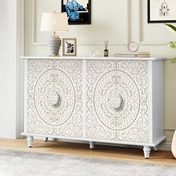 Image Decorative Sideboard Buffet Cabinet with 4 Doors, White Accent Storage Cabinet with Carved Flower Pattern, Wood Credenza Cabinet