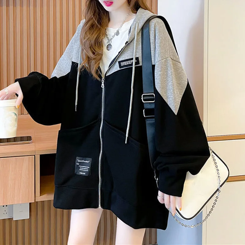 Korean Fleece Contrast Color Oversize Female Hooded Sweatshirts Women Harajuku Streetwear Casual Long Sleeve Zipper Hoodie Coats