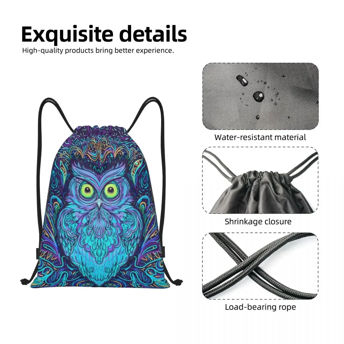 Owl Mandala Drawstring Bag para homens e mulheres, dobrável Sports Gym Sackpack, Mochilas de armazenamento para treinamento animal, mulheres