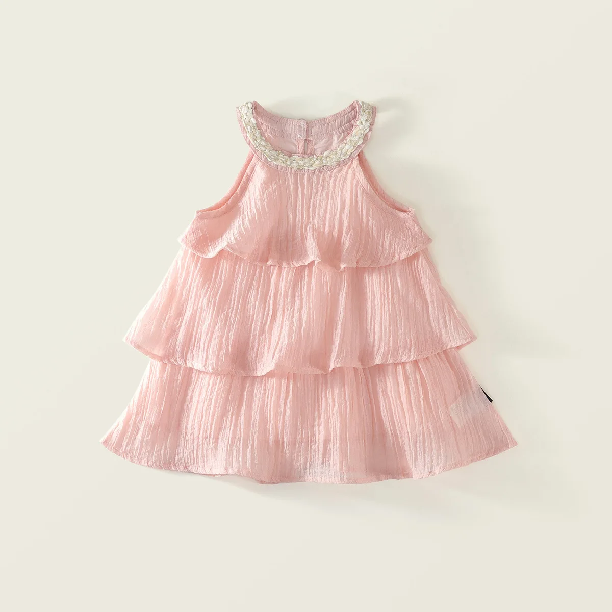 

Summer Girls' Powder Pink Halter Dress Tiered Cascading Ruffle Princess Sleeveless Gown with Lace Trim & Layered Skirt for Baby