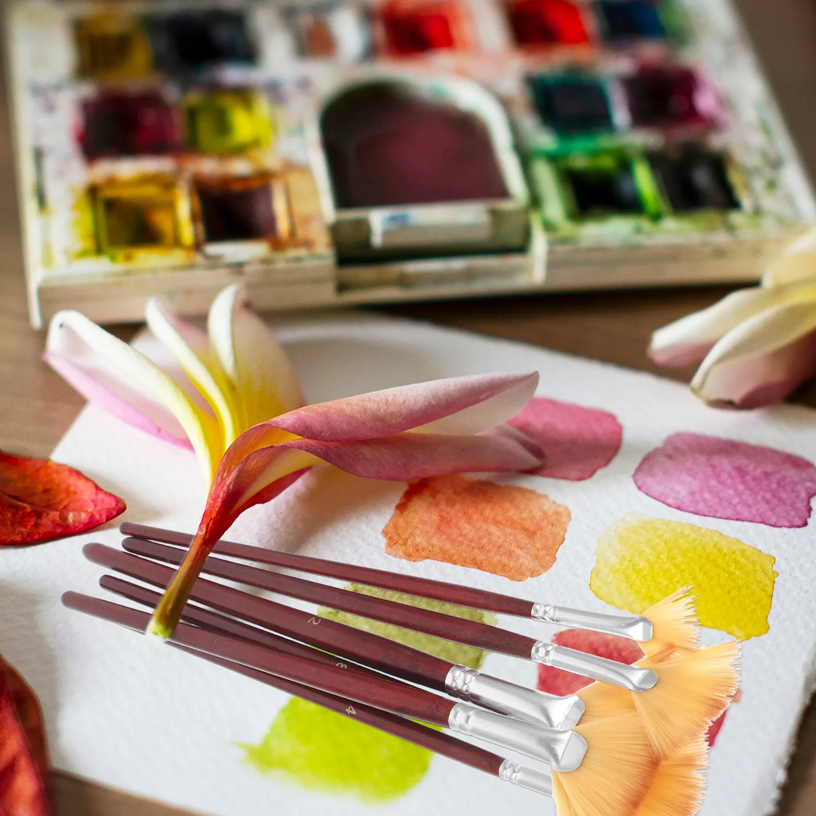 6Pcs Fan Shape Painting Brush Set Nylon Bristle Flat Designed Watercolor Brush Ergonomic Handle for Oil Watercolor Art Students
