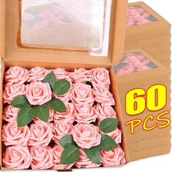 60/5Pcs Foam Green Leaves Fake Roses for Valentine's Day Wedding Birthday DIY Party Home Room Decoration Simulation Rose Heads