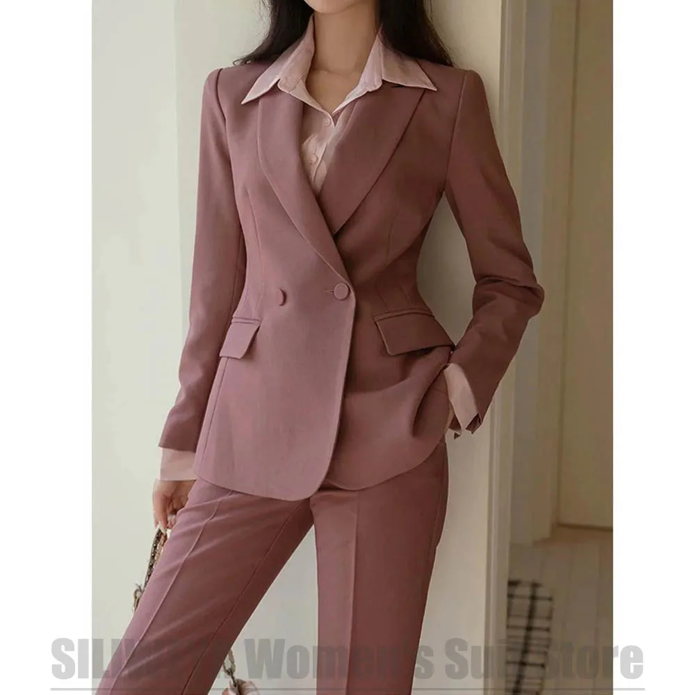 Chic Women Double Breasted Suit Set Peak Lapel Blazer Trousers Elegant Formal Business Outfit For Ladies Office Work Wear