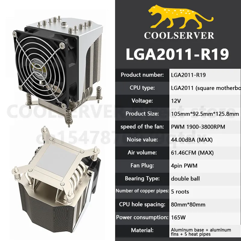 

COOLSERVER R19 CPU Server Cooler 5 Heatpipes TDP 165W Radiator With 4PIN PWM Silent Cooling Fan For Intel LGA 2011square motherb