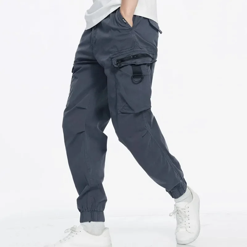 LIBIELIY Celana Kargo Pria Banyak Saku Musim Gugur Celana Panjang Kasual Ramping Pakaian Jalanan Pria Jogging Pinggang Elastis Solid Pekerjaan Katun