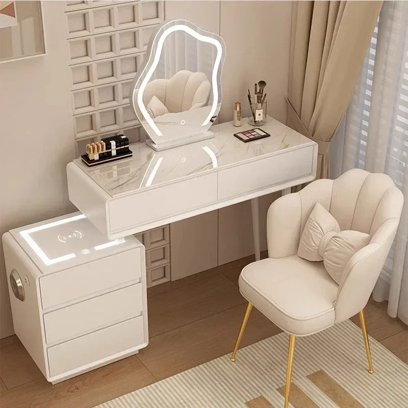 Luxury White Vanity Tables Minimalist Chair Led Mirror Nordic Makeup Table Nightstands Tocador Mueble Bedroom Furniture