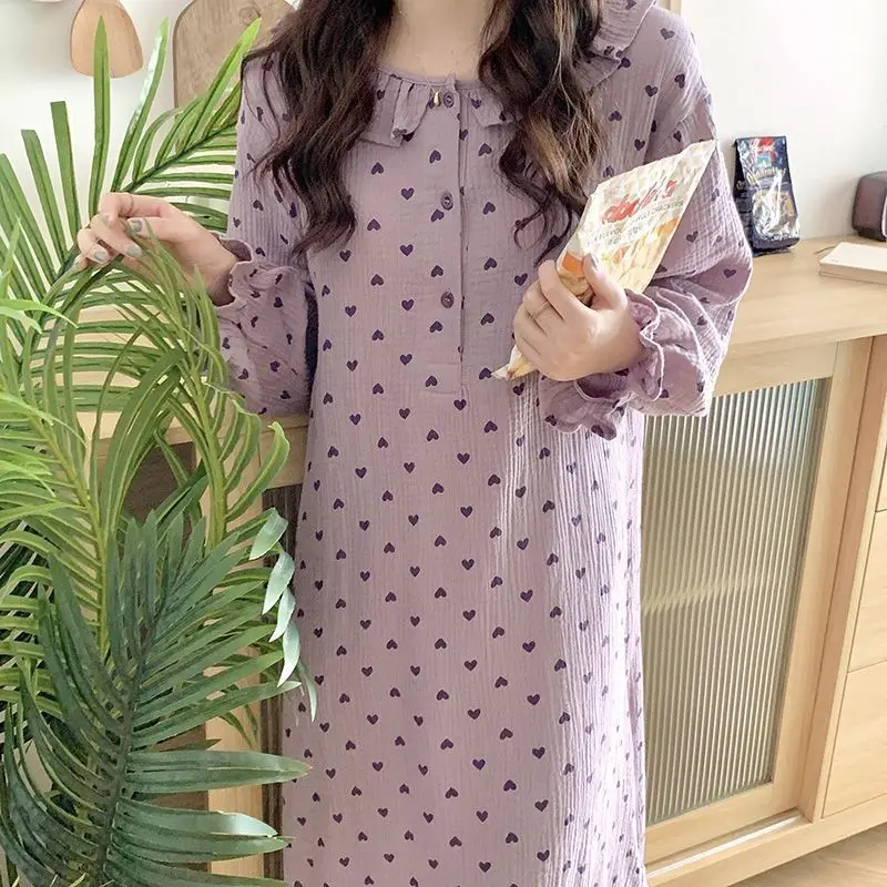 Spring New Ladies Pajamas Heart Printed Crepe Cotton Double-layer Gauze Ruffle Long-sleeve Home Dress Women Sweet Loungewear