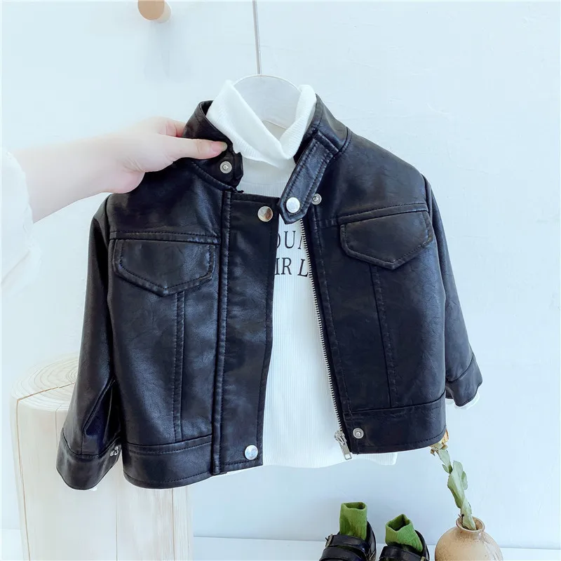 

Autumn Children's Leather Girls' Boys' Handsome Casual Biker's Leather Jacket Children Fashionable Zipper Jacket