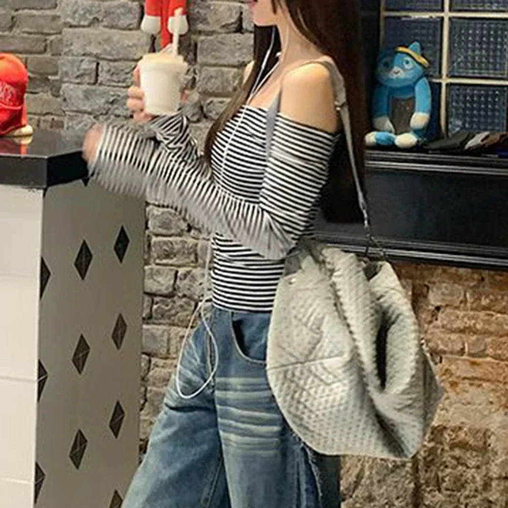

Casual Outing Black And White Striped Shirt Casual Club Wear Top Casual Wear Home Club Outfit One Shoulder Design