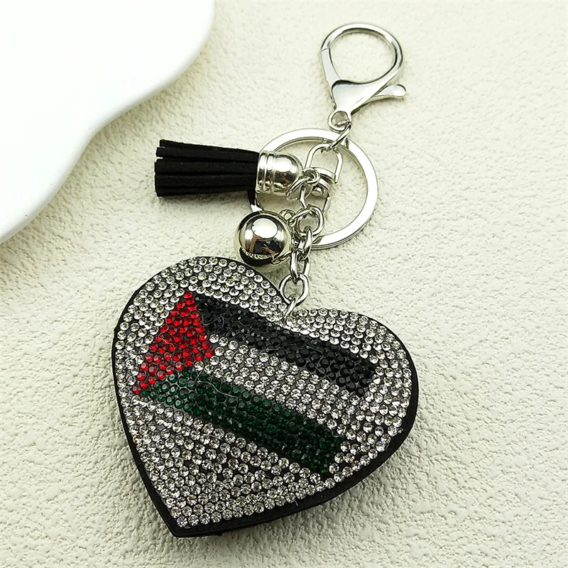 Palestine Flag Full Crystals Heart Shaped Key Chain for Women Men Leather Silver Color Keyring Bag Car Accessories Jewelry Gift - view 2